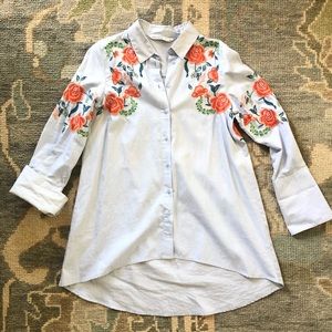 Zara Floral Embroidered Denim Top